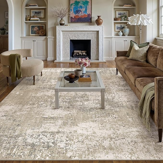 Beige Area Rug 6x9 Machine Washable Modern Abstract Living Room Carpet Non Slip Neutral Low Pile Soft Non Shedding Bedroom Contemporary Large Rug Indoor Office Dining Room Playroom