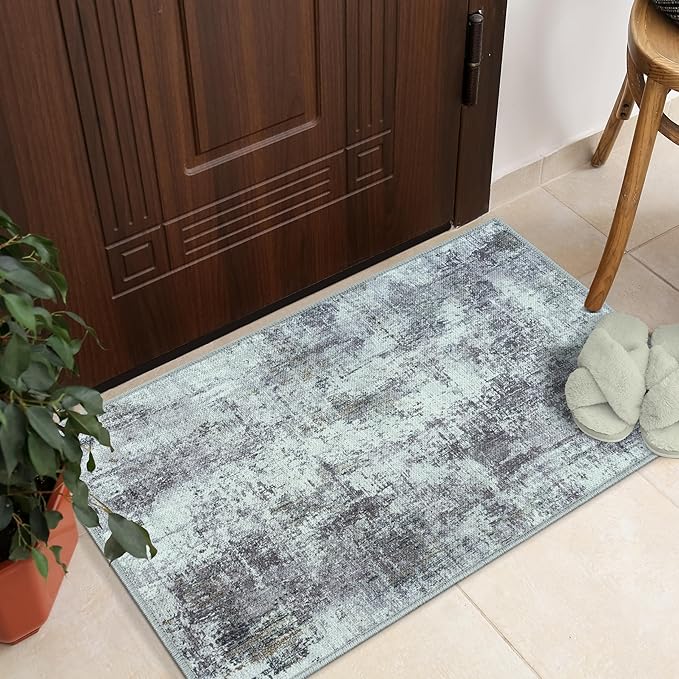 GLN Rugs Contemporary Collection - Machine Washable Area Rug, Contemporary Washable, Non Slip, Low Pile Chenille Rug, Living Room, Bedroom, Kitchen Rug (2' x 3' Grey/Green)
