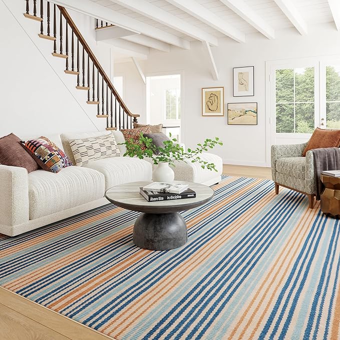 Dash & Albert Tyne Blue Machine Washable Rug, 4 X 6 Feet, Blue/Tan Stripe Pattern