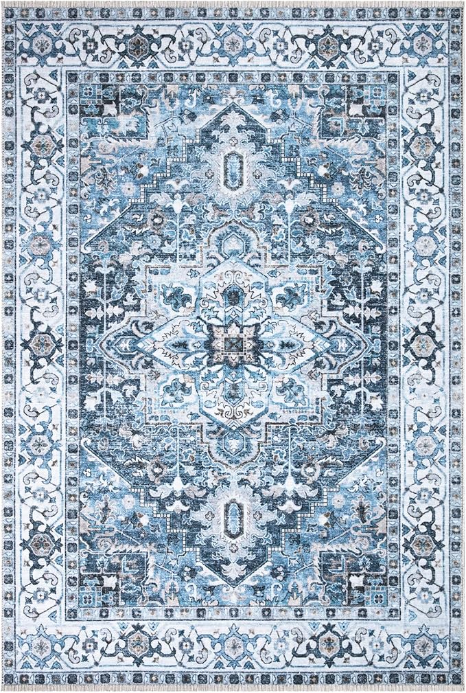 Bloom Rugs Caria Washable Non-Slip 4x6 Rug - Navy Blue Traditional Area Rug for Living Room, Bedroom, Dining Room, and Kitchen - Exact Size: 4' x 6'