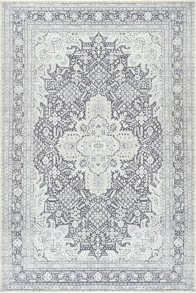 Bloom Rugs Washable Non-Slip 3' x 5' Rug - Charcoal Blue Traditional Medallion Area Rug for Living Room, Bedroom, Dining Room, and Kitchen - Exact Size: 3' x 5'