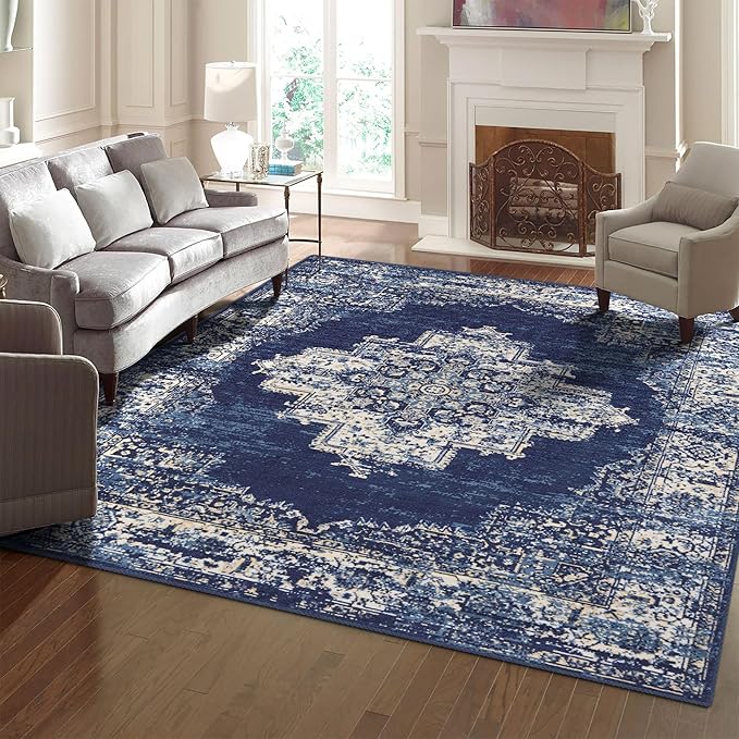 vivorug 4x6 Rug, Small Area Rug for Living Room, Bedroom, Kitchen, Machine Washable Non-Slip Throw Rug, Vintage Carpet for Entryway Nursery Coffee Table - Durable (Navy Blue)