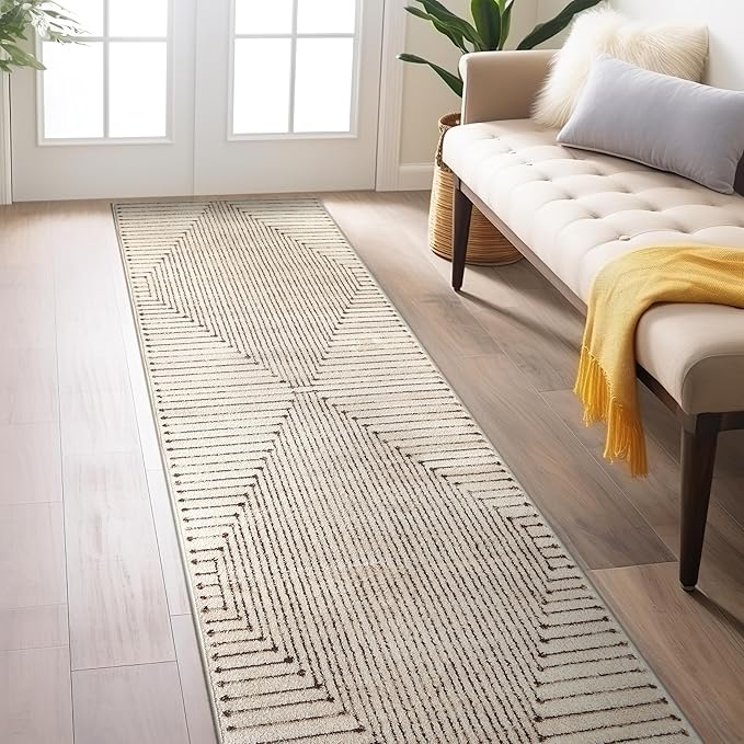 Rugshop Beige and Brown Geometric Area Rug – Soft Abstract Line Pattern Carpet for Living Room, Bedroom, or Office – Contemporary Neutral Decor Accent 2' 3" x 8' Runner Beige