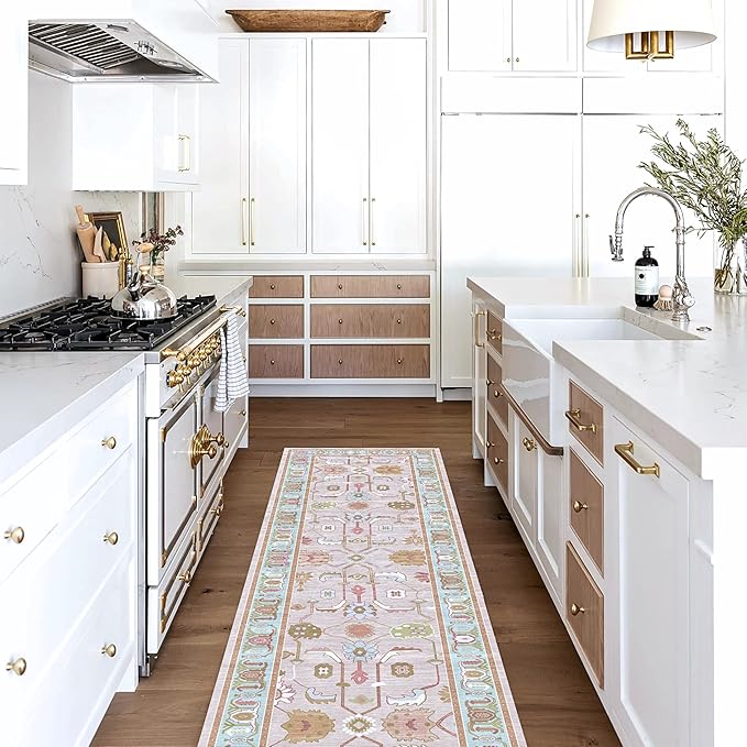 Fame Living Pink Oushak Rug, Modern Rugs, Vintage, Turkish, Eclectic, Floral, Pastel, Washable, Small Throw, Accent Area Rug for Living Room, Bedroom, Kitchen, Bathroom, 2'5"x4'9