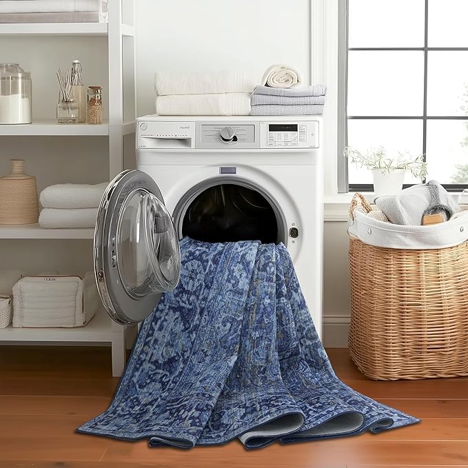 ReaLife Rugs Machine Washable Area Rug Runner - Living Room Bedroom Bathroom Kitchen Entryway Office - Padded Low Pile Stain Resistant Premium - Boho Vintage Traditional - Lyle - Blue 2'6" x 8'