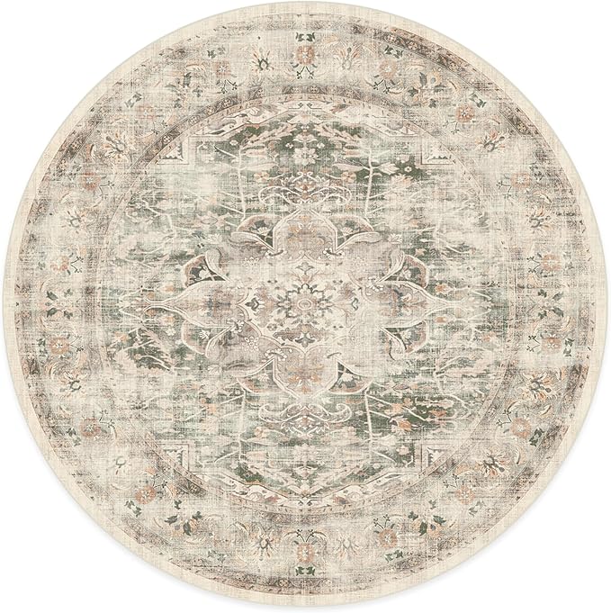 RUGGABLE Washable Vintage Area Rug – Sarrah Sage 8 ft Round, Stain-Resistant, Non-Slip – Large Machine Washable Rugs for Living Room, Bedroom, Hallway, Entryway & Office–with Standard Pad