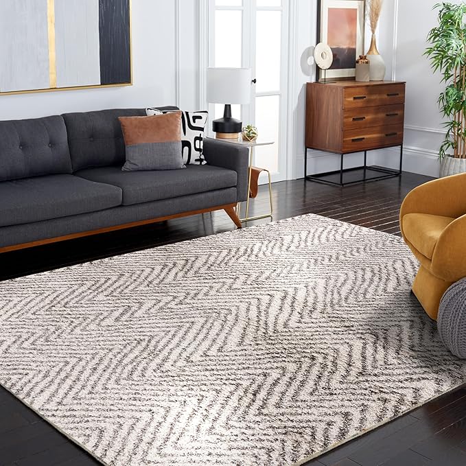 SAFAVIEH Hudson Shag Collection Area Rug - 10' x 14', Ivory & Grey, Chevron Design, Non-Shedding & Easy Care, 2-inch Thick Ideal for High Traffic Areas in Living Room, Bedroom (SGH375A)