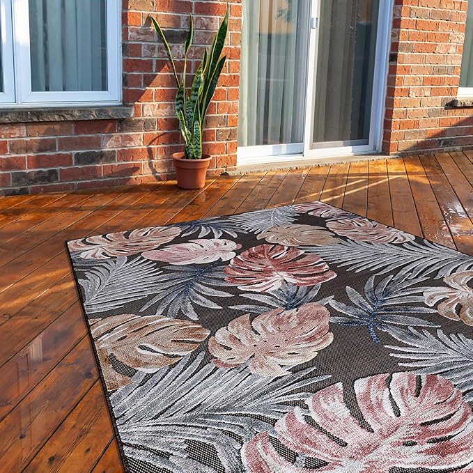 CAMILSON Indoor Outdoor Rug, Brown 4x6 Leaf Tropical Botanical Area Rugs for Indoor and Outdoor patios, Easy-Cleaning Non-Shedding Living Room, Garden and Kitchen Washable Outside Carpet (4 x 6)
