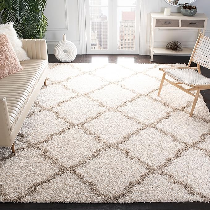SAFAVIEH Area Rug 8x10 - Dallas Shag Collection - Large - Ivory & Beige, Trellis Pattern, Non-Shedding & Easy Cleaning, Plush Thick Pile, Ideal for Living Room, Bedroom, Dining Space (SGD257B)