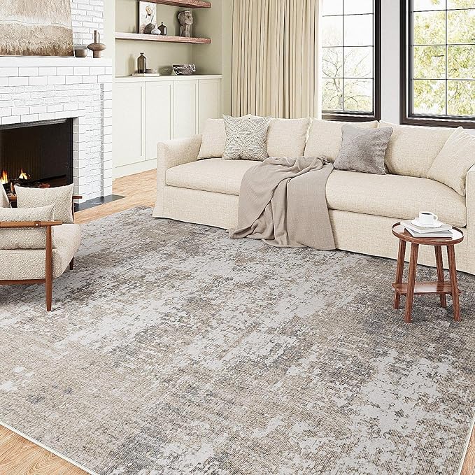 Modern Abstract Beige Gray Area Rug 5x7 Machine Washable Large Carpet Neutral Kitchen Indoor Accent Throw Low Pile Non Slip Distressed Living Dining Room Bedroom Office