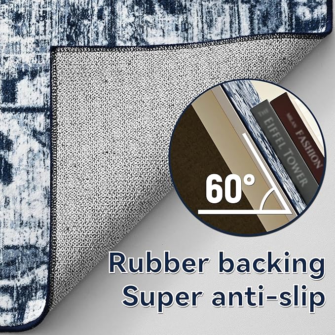 YJ.GWL Area Rugs for Living Room 6x9 Machine Washable Rugs, Non Slip Floral Vintage Rug Indoor Carpet, Stain Resistant Large Rug for Bedroom Dining Room, Navy Blue
