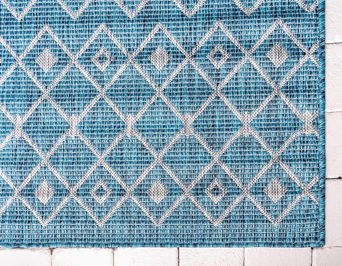 Unique Loom Outdoor Trellis Collection Area Rug - Tribal Trellis (8' x 11' 4" Rectangle, Teal/ Ivory)