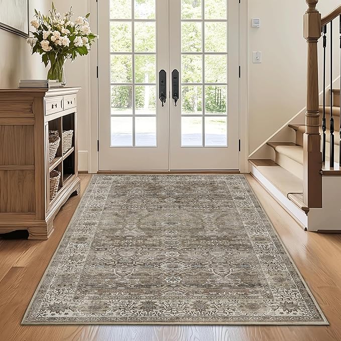 4x6 Washable Rug for Living Room Bedroom Dining Room Non-Slip Low Pile Vintage Distressed Entryway Rug Traditional Floral Retro Accent Throw Carpet for Dining Room Bathroom Kitchen Antique/Moss
