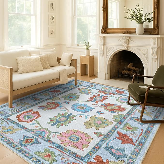 Fame Living Colorful Oushak Runner Rug, Modern Runners, Vintage, Turkish, Eclectic, Floral, Pastel, Washable, Runner for Hallway, Kitchen, Bedroom, Bathroom, 2'5"x9'8"