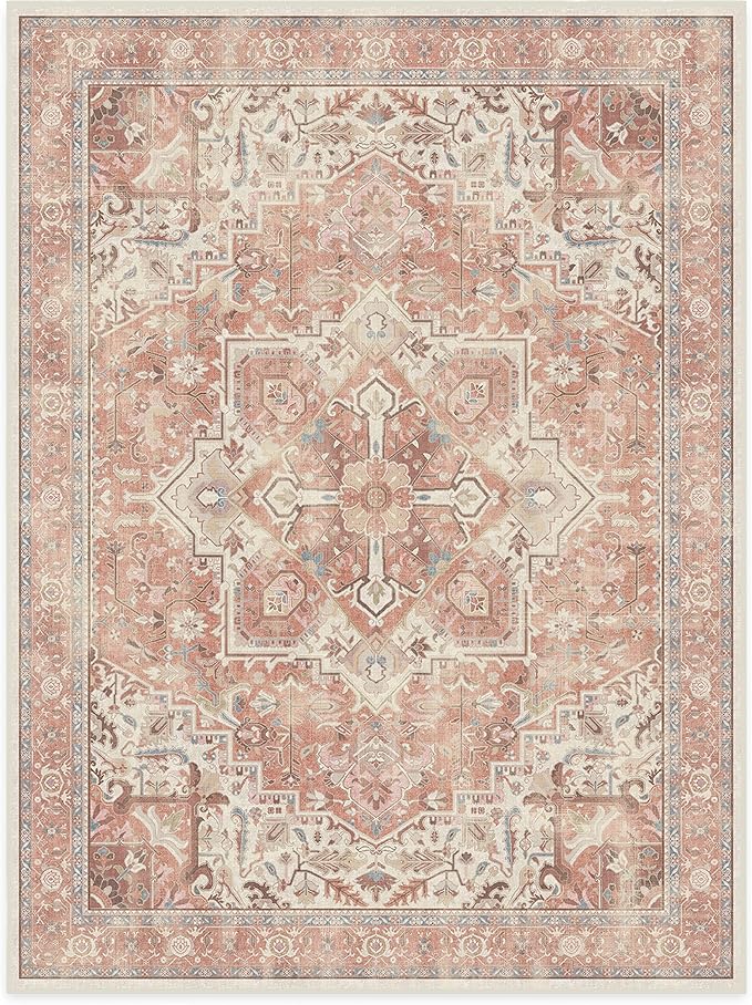 RUGGABLE Washable Area Rug – Kamran Rose Pink 9x12, Stain-Resistant, Non-Slip – Large Machine Washable Rugs for Living Room, Bedroom, Hallway, Entryway & Office–with Cushioned Pad