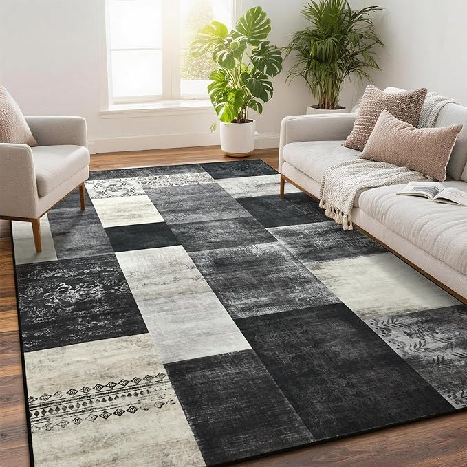 Tepook Modern Area Rug for Living Room, 4x6 Geometric Large Rugs for Bedroom, Washable Patchwork Rug Indoor Non-Slip Throw Carpets for Dining Room Office Farmhouse Home Decor, Black and White
