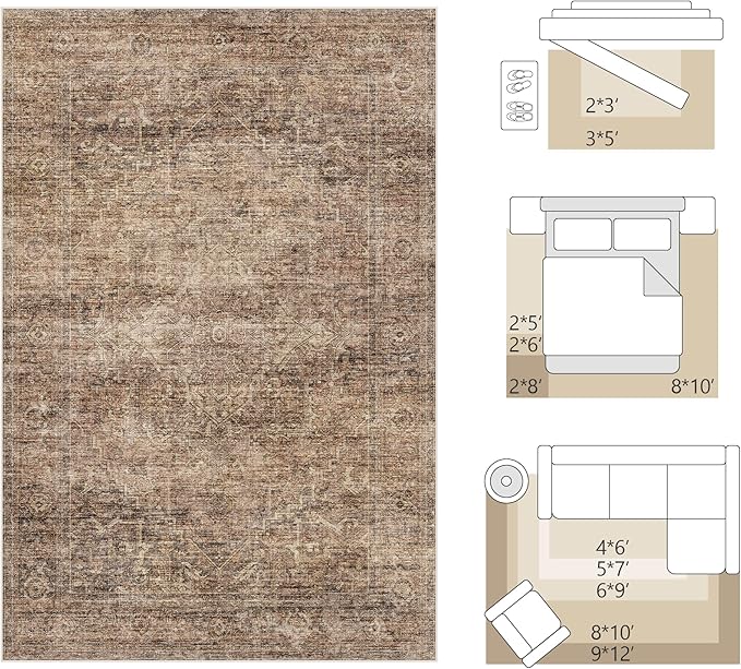 FMFUNCTEX 8x10 Washable Area Rug Rust Brown Vintage Neutral Distressed Oriental Large Non Slip Carpet for Living Room Bedroom Soft Low Pile Indoor Mat Retro Rug for Dining Room Kitchen Office Nursery