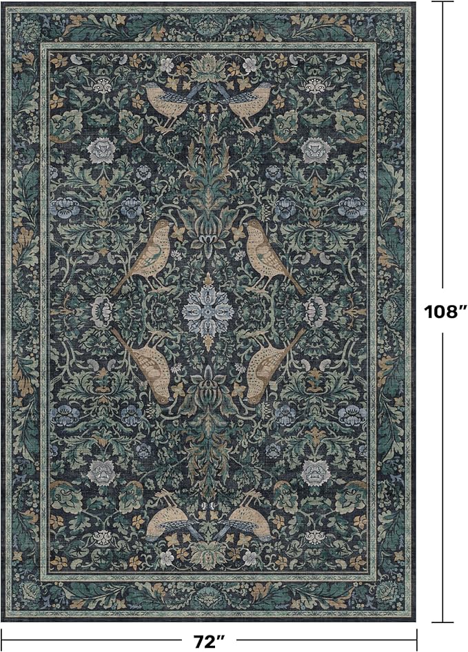Moody Floral 6x9 Boho Living Room Rug - Washable Forest Bird Non-Slip & Low Pile Soft Carpet, Navy Blue & Deep Teal Area Rug for Dining Room Under Table, Bedroom