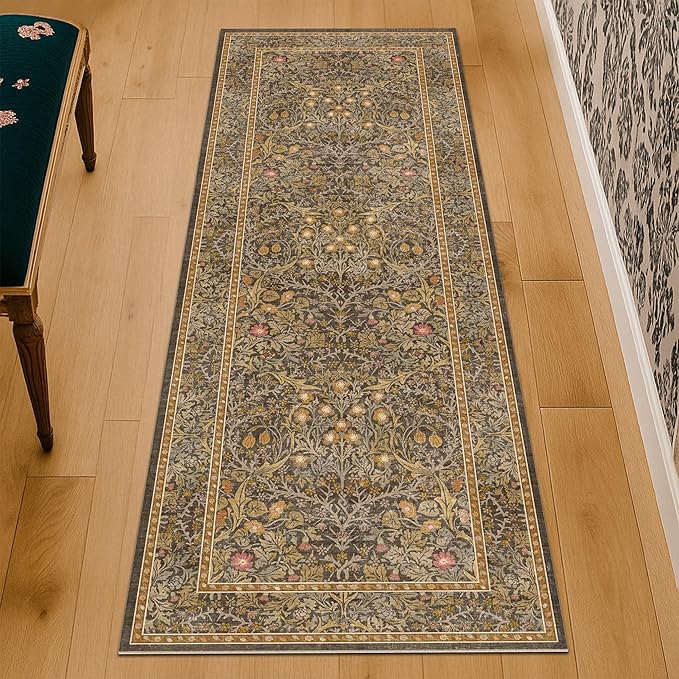 Non Slip 2x7 Gold Brown Kitchen Runner - Washable Long Runner Rugs for Bathroom, Hallway, Indoor Floor Mat, Bedroom Bedside - Brown Earthy Vintage Floral Décor
