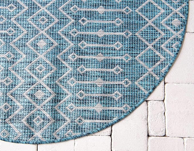 Unique Loom Outdoor Trellis Collection Area Rug - Tribal Trellis (4' 1" Round, Teal/ Ivory)