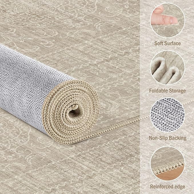 Area Rugs 9x12 Living Room: Washable Large Vintage Rug Neutral Non-Slip Soft Stain Resistant Indoor Carpet for Bedroom Nursery Dining Room Under Table Bed Home House Office Playroom - Brown