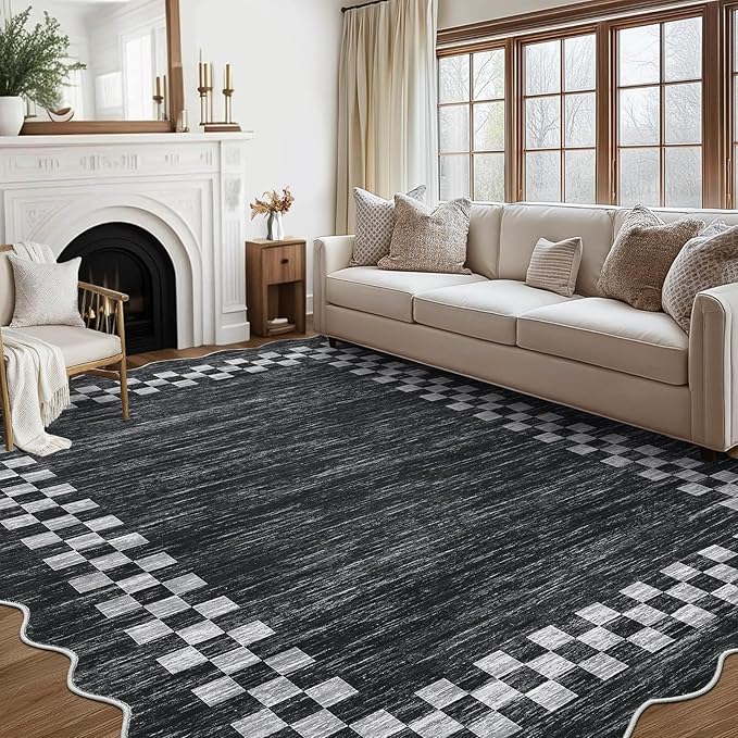 GarveeHome 10x13 Area Rug Large Living Room Scalloped Rug Non Slip Low Pile Bedroom Throw Carpet Soft Modern Bordered Dining Room Rug Stain Resistant Boho Carpet for Home Office, Grey