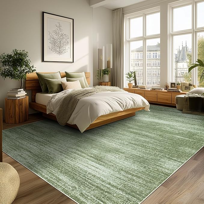 Olive Green 9x12 Area Rug Living Room Minimalist Modern Abstract Style Extra Large Rugs for Office Dining Room Table Loden Green Low Pile Floor Covering Carpet with Non Slip Washable