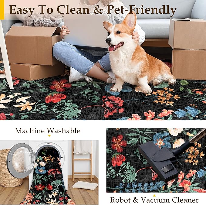 Black Area Rug 6x9 Floral Washable Living Room Kitchen Boho Carpet Non Slip Low Pile Indoor Accent Lightweight Soft Throw Rug for Bedroom Office Dining Room Nursery Farmhouse