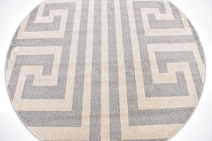 Unique Loom Athens Collection Classic Geometric Modern Border Design Area Rug (6' 0 x 6' 0 Round, Gray/ Beige)