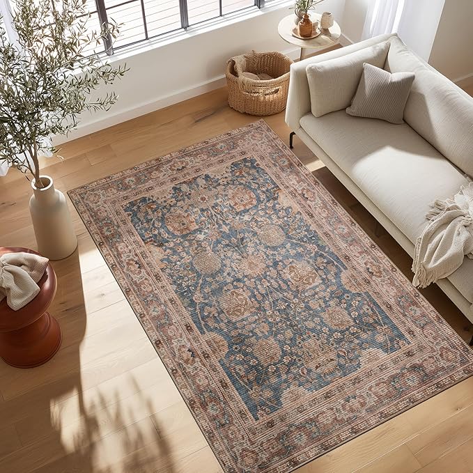 Kuden 6x9 Area Rug, Machine Washable Area Rug with Non-Slip Backing, Vintage Style, Soft, Easy Clean, Low Pile Rug for Living Room, Bedroom, Dining Room