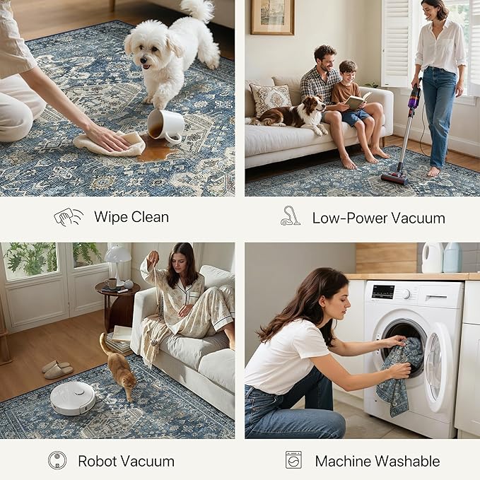 Bavni Washable Runner Rug 2’6”x10’, Non Slip Long Hallway Runner, Vintage Aesthetic Ultra Thin Low Pile Washable Carpet for Kitchen Bedroom, Blue