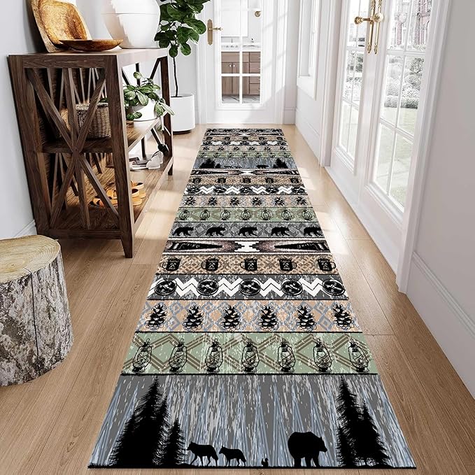 Bear Rug for Runner Rug, 4x12ft, Rustic Black Bear Wood Saw Compass Pine Oil Lamp Pattern Long Runner Rug, Camping Theme Multi-Color Stitching Non-Slip Floor Carpet, Cabin Style Home Decoration