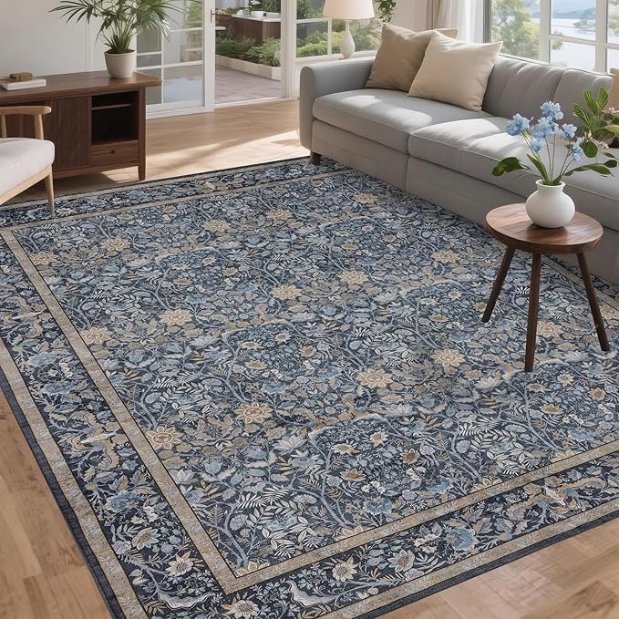 Washable Living Room Rug: 9x12 Boho Floral Soft Area Rug for Bedroom Decor - Vintage Low Pile Thin Carpet for Dining Room Non-Slip - Farmhouse Stain Resistant Rugs - Slate Blue