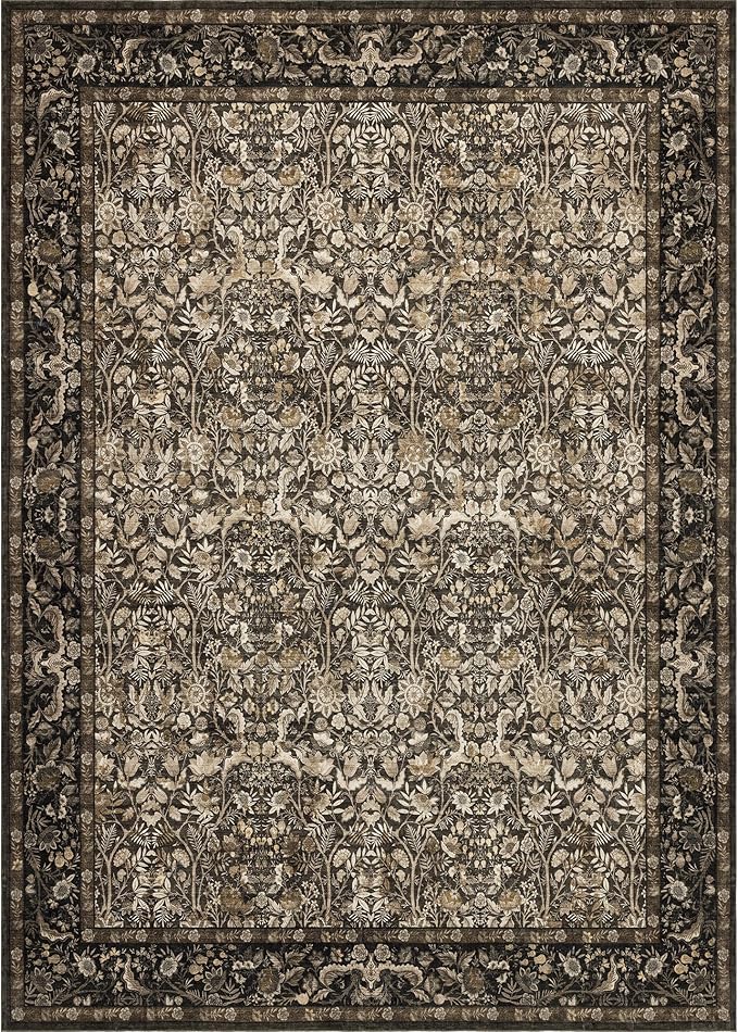 Washable Living Room Rug: 9x12 Boho Floral Soft Area Rug for Bedroom Decor - Vintage Low Pile Thin Carpet for Dining Room Non-Slip - Farmhouse Stain Resistant Rugs - Dark Brown