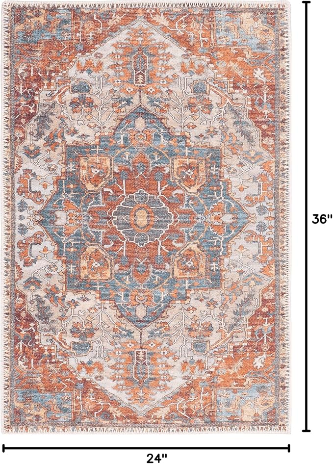 GLN Rugs Traditional Collection - Machine Washable Area Rug, Traditional Washable, Non Slip, Low Pile Chenille Rug, Living Room, Bedroom, Kitchen Rug (2' x 3' Cream/Terra)