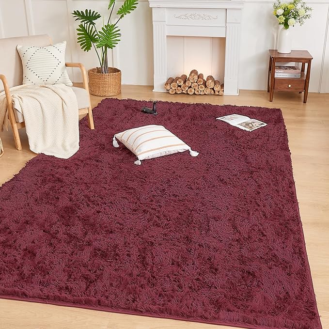 Andency 6x9 Area Rugs Burgundy,Large Shag Fluffy Soft Shaggy Rugs for Living Room Bedroom, Non-Slip Thick Plush Carpet for Kids Girls and Boys, Dorm Nursery Home Decor Aesthetic