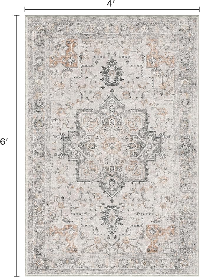4x6 Area Rugs for Living Room, Machine Washable Low Pile Vintage Rugs, Non Slip Lightweight Print Rug for Bedroom, Dining Room, Home Office, Light Taupe Brown