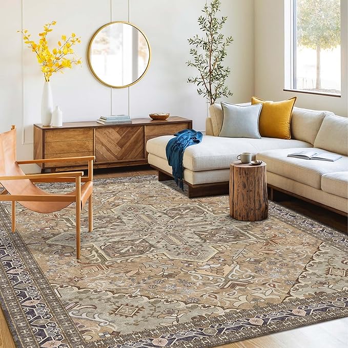 Washable Area Rug 4x6 | Non Slip Area Rug for Living Room, Bedrooms, Dining Room | Ultra-Soft Flannel Carpet Area with Rubber Backing (Olive Brown, 4x6)