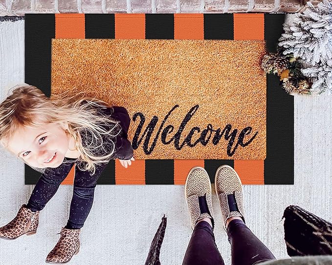 KOZYFLY Orange and Black Striped Rug Doormat 2x3 Ft Halloween Fall Cotton Woven Washable Indoor Outdoor Rugs for Layered Door Mats Porch/Kitchen/Farmhouse