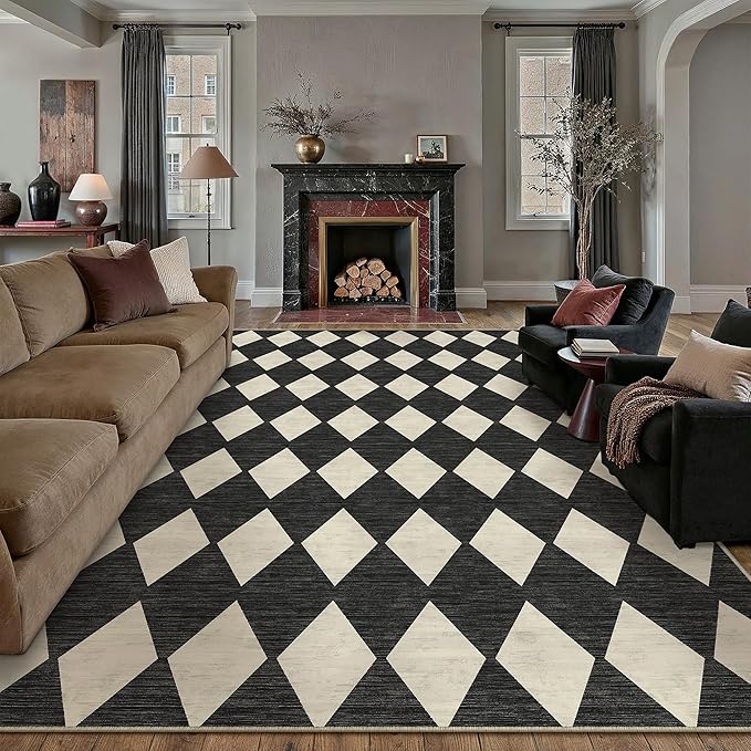 8x10 Checkered Area Rugs for Living Room Black Machine Washable Large Rug Non-Slip Stain Resistant Low Pile Boho Accent Indoor Throw Carpet for Bedroom Dining Room Home Aesthetic Decor
