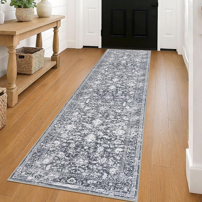 KILOCOCO Hallway Runner 2x8 Rug Runner Printed Vintage Floral Washable Kitchen Runners Non-Slip Rubber Backed Runners for Hallways Laundry Room Distressed Boho Rugs for Entryway Bedroom, Grey