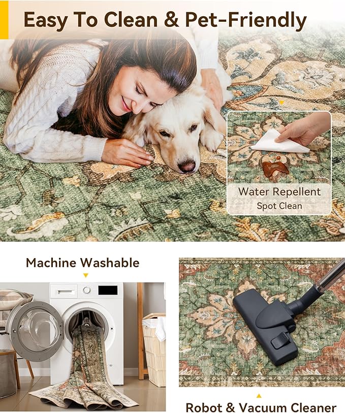 Area Rugs 2'x6' Washable Non-Slip, Floral Vintage Distress Print Pattern Medallion Carpet for Living Room Bedroom Dining Room, Brick Red Rust Neutral Brown Burnt Orange Green