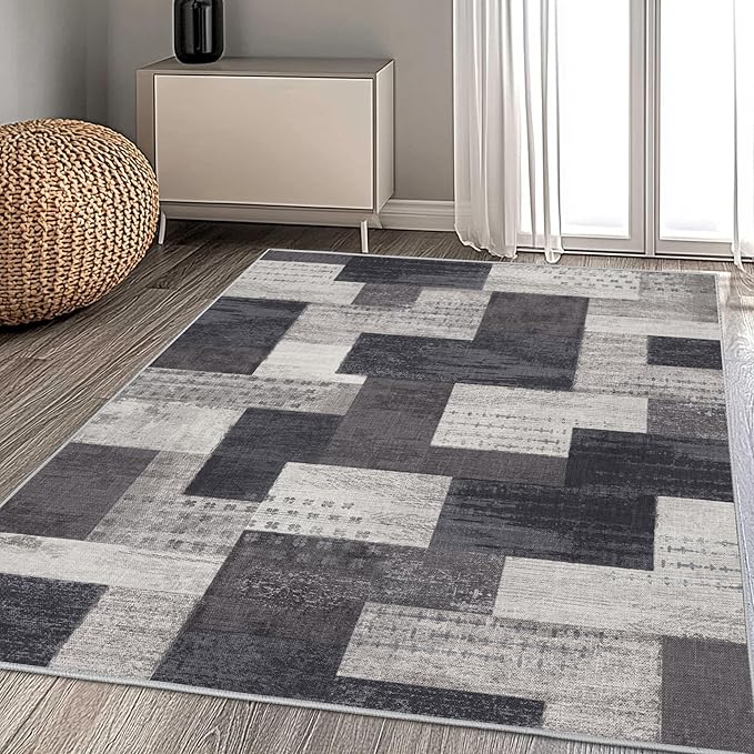 Modern Geometric Patchwork Indoor Area Rug for Living Room, Charcoal 5'x 7' Large Rug Rockwood Collection Hardwood Floors Decor for Bedroom, Grey Throw Carpet for Office Entryway Dining Room