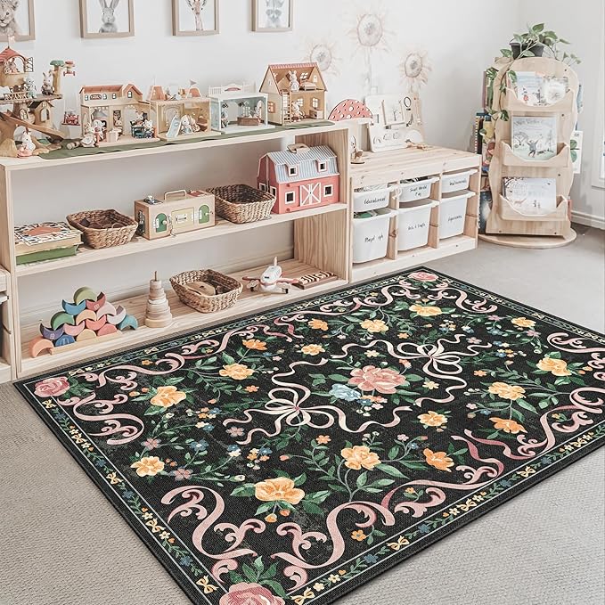 Black Rug Bow Floral Rug 3x5, Washable Boho Area Rugs Non Slip Low Pile Carpet for Girls Room Bedroom, Bedside, Kitchen, Entryway, Kids Room, Soft Ultra-Thin Indoor Elegant Rugs