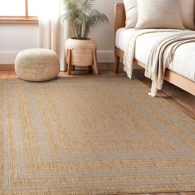Beverly Rug Easy Jute Framed Border Rug 4x6 Washable Durable Indoor Outdoor Area Rugs for Living Dining Room Patio Office Stain Resistant Non Shedding Casual Indoor Outside Carpet 4 x 6 Natural