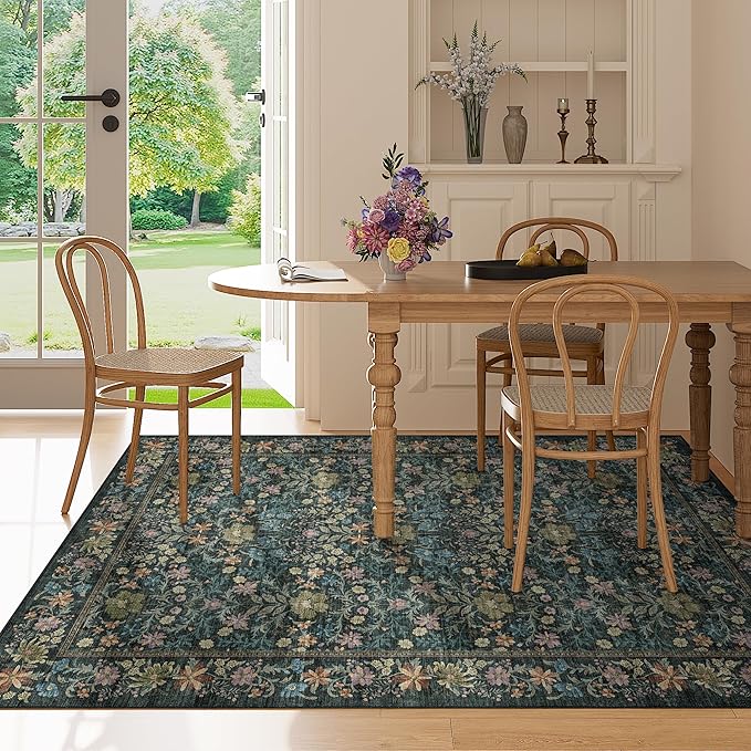 DUKINO 4x6 Rugs for Living Room, Lightweight Non Slip Washable Rug with Low Pile Design, Vintage Floral Non-Shedding Soft Carpet for Living Room, Bedroom, Farmhouse, Office, Bathroom, Blue