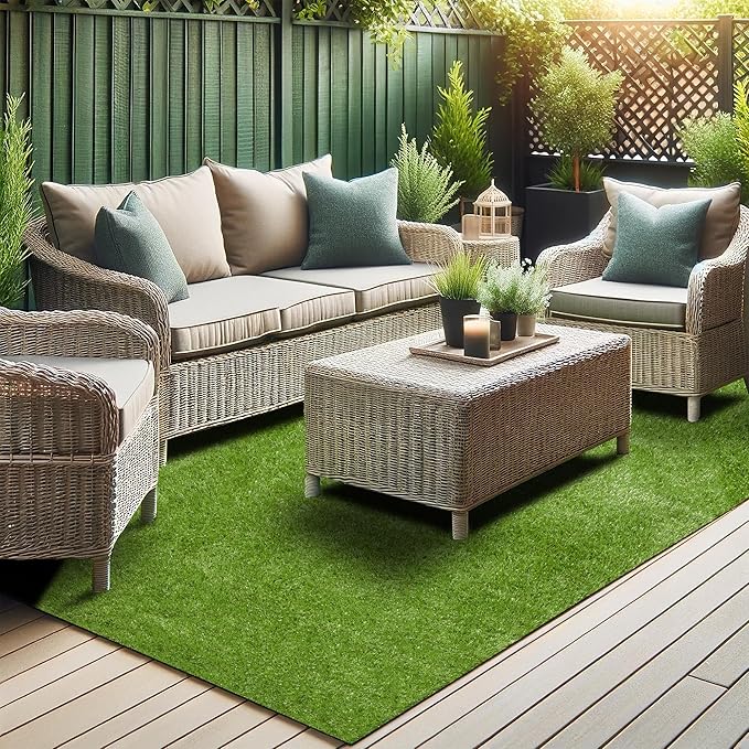 Ottomanson 6'6" x 26' Artificial Faux Grass Rug - Realistic Turf with UV Protection - Perforated for Easy Drainage - Durable, Hose-Off Synthetic Lawn Carpet for Indoor & Outdoor Use, Green