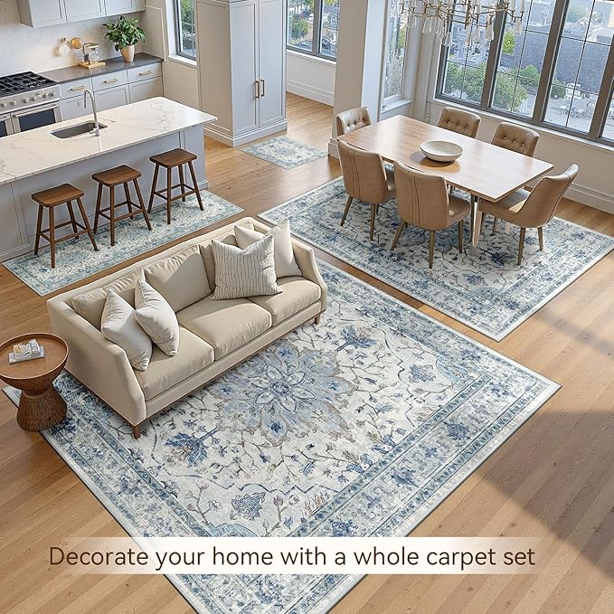 Area Rugs 2'x6' Washable Non-Slip, Floral Vintage Distress Print Pattern Medallion Carpet for Living Room Bedroom Dining Room, Light Blue Navy Beige Gray White