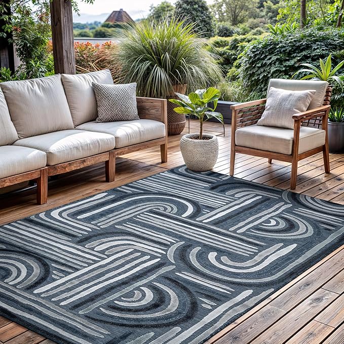 CAMILSON Indoor Outdoor Rug, Navy Blue 6x9 Geometric Arch Striped Area Rugs for Patio and Home Areas, Easy-Cleaning Non-Shedding Living Room, Garden and Deck Washable Outside Carpet (6 x 9)