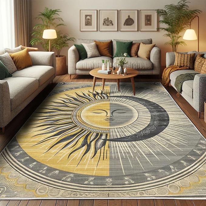 Ambesonne Sun and Moon Decorative Rug, Celestial Esotery Lunar and Solar Characters with Leafy Details Modern, Quality Carpet for Bedroom Dorm and Living Room, 4' X 5' 5", Mustard Purpleblue